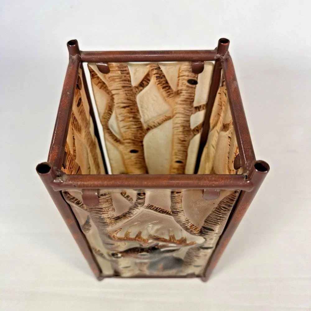Vintage‎ Hand Painted 3D Glass Deer Votive Candle Holder Rustic Lodge Lantern